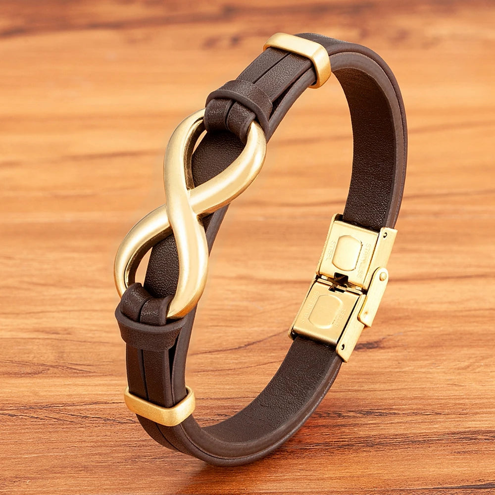 Unendliches Armband aus braunem und goldenem Leder