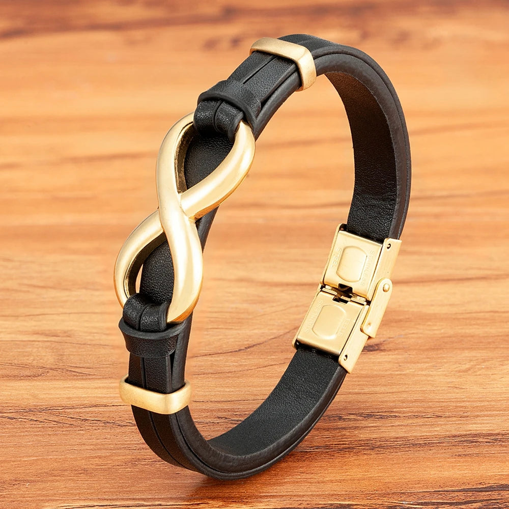 Unendliches Armband aus schwarzem und goldenem Leder