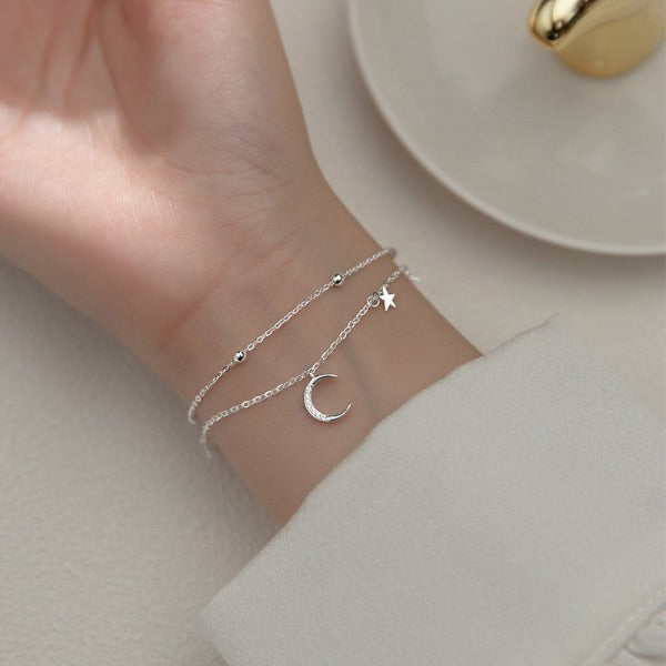 Mond- und Stern-Armband Damen Silber Gourmette