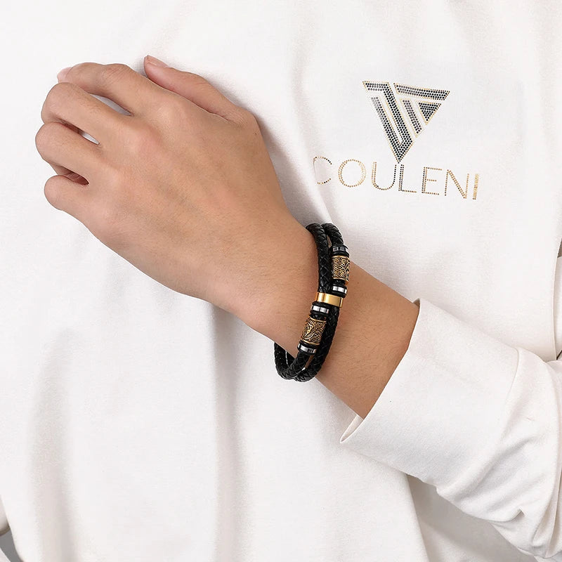 Schwarzes Lederarmband Wikinger-Mythologie Gold 1