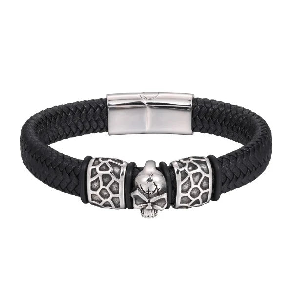 Schwarzes Leder Totenkopf Armband