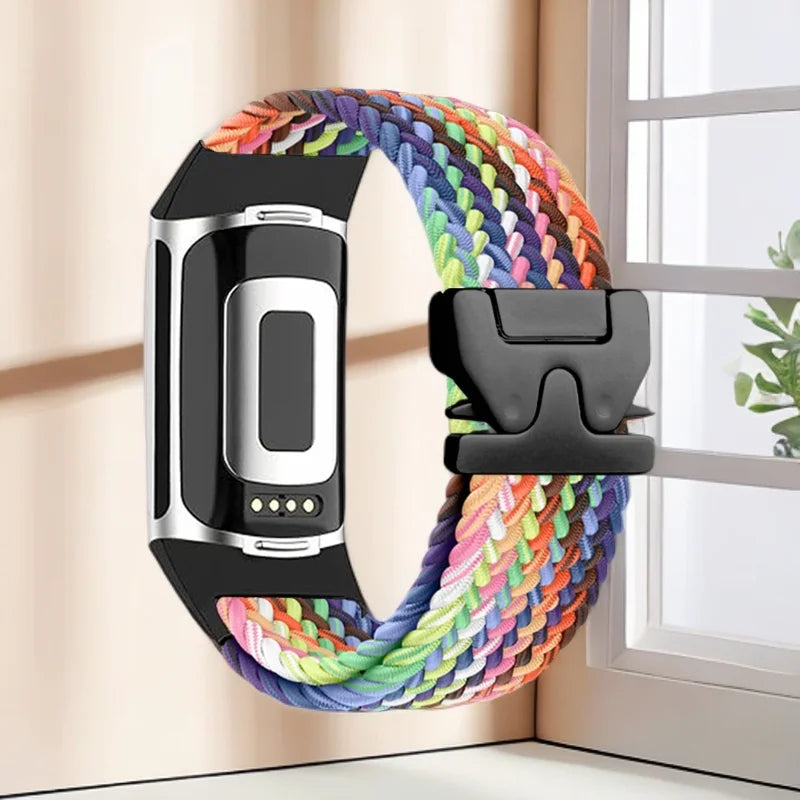 Geflochtenes Armband für Fitbit Charge 5, Charge 6 Uhr Regenbogen