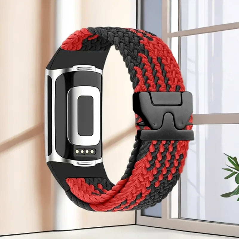 Geflochtenes Armband für Fitbit Charge 5, Charge 6 Uhr rot schwarz