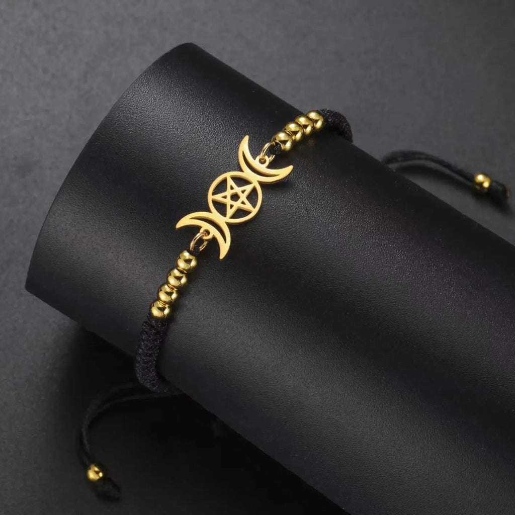 Geflochtener Armband Dreifacher Mond Hexerei Wicca Gliederkette schwarz