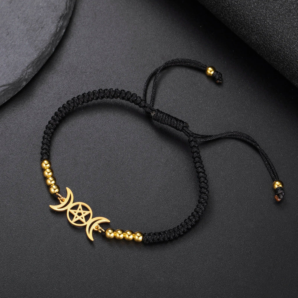 Geflochtener Armband Dreifacher Mond Hexerei Wicca Gliederkette schwarz