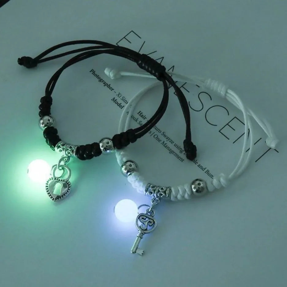 Armbänder für Paare mit leuchtender Perle, Herz- und Schlüssel-Gourmette 2