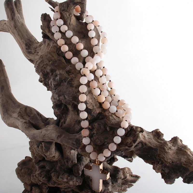 Rosenkranz Kreuz Halskette Anhänger aus natürlichen Steinen beige