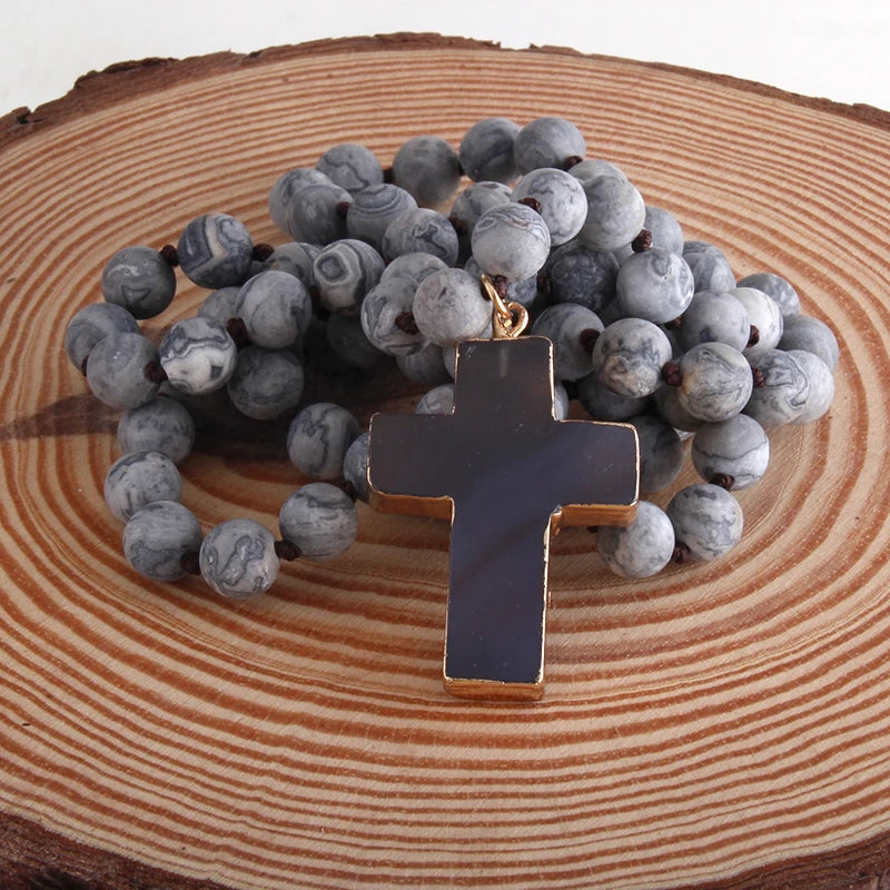 Rosenkranz Kreuz Halskette Anhänger aus natürlichen Steinen grau
