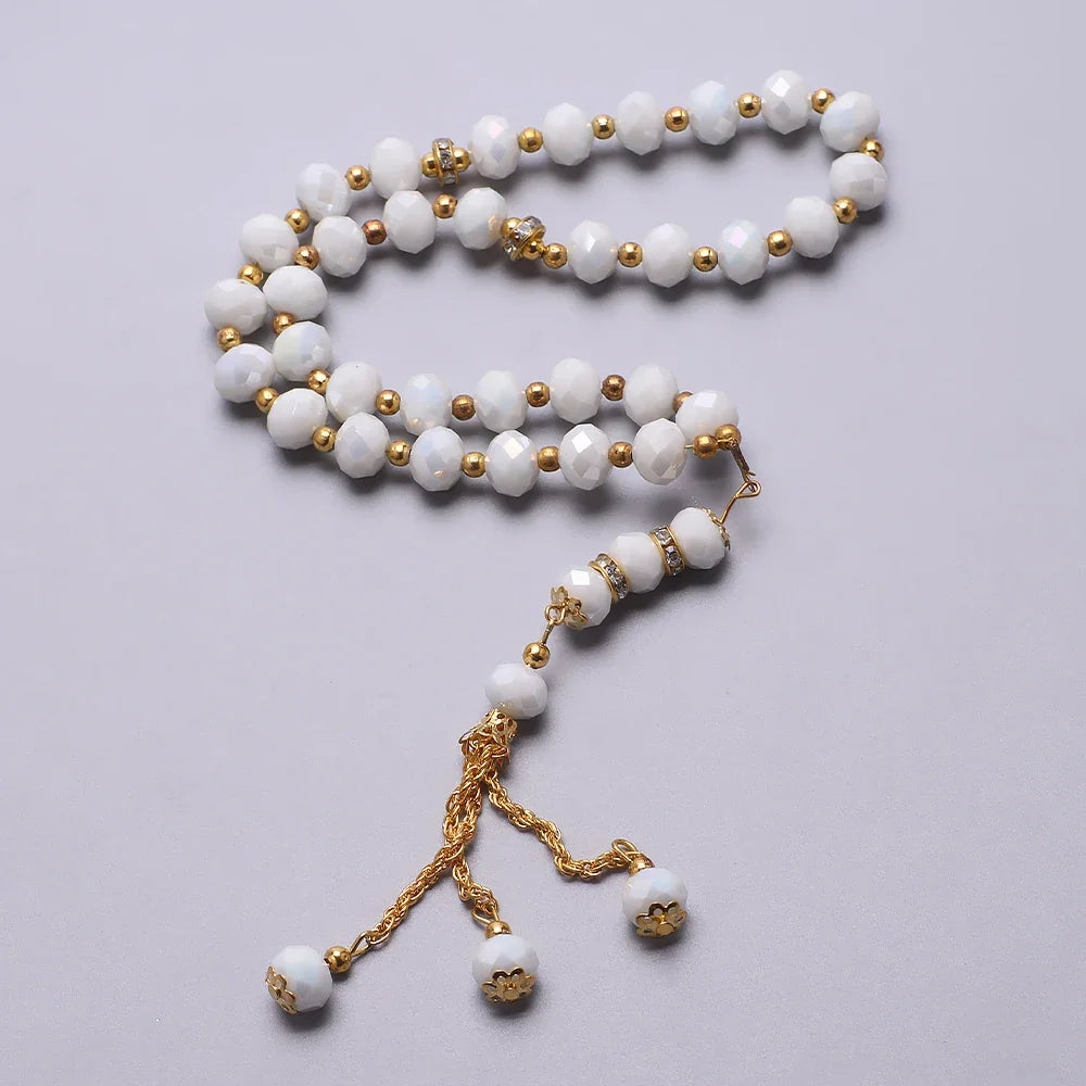 Eleganter muslimischer Rosenkranz - Islamischer Tasbih mit 33 weißen und goldenen Perlen