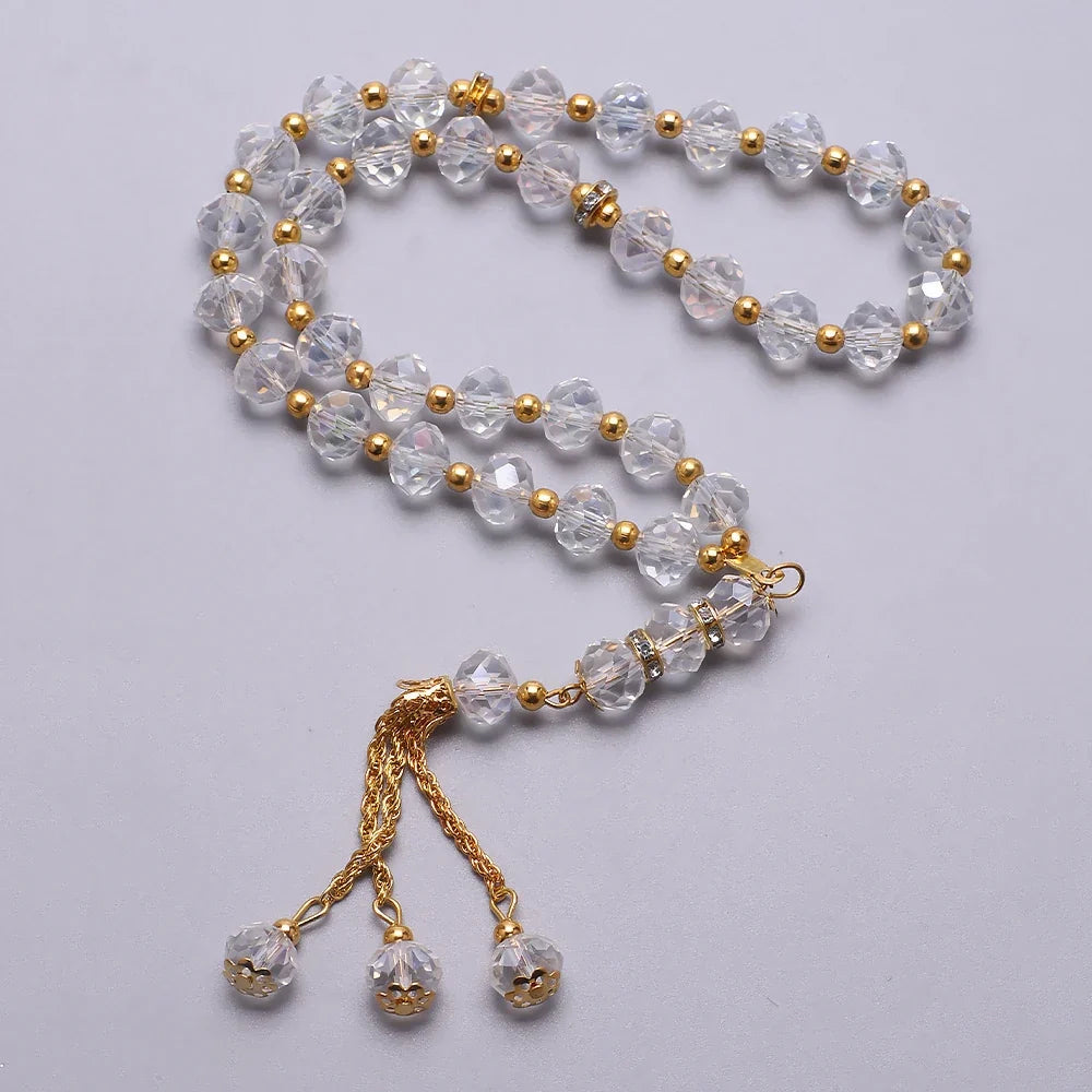 Eleganter muslimischer Rosenkranz - Islamischer Tasbih mit 33 kristallklaren und goldenen Perlen