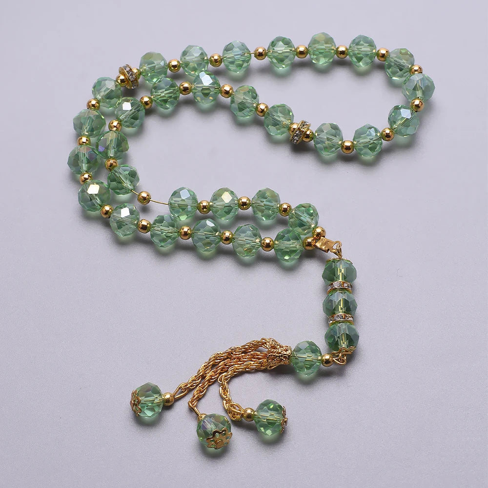 Eleganter muslimischer Rosenkranz - Islamischer Tasbih mit 33 jadegrünen und goldenen Perlen