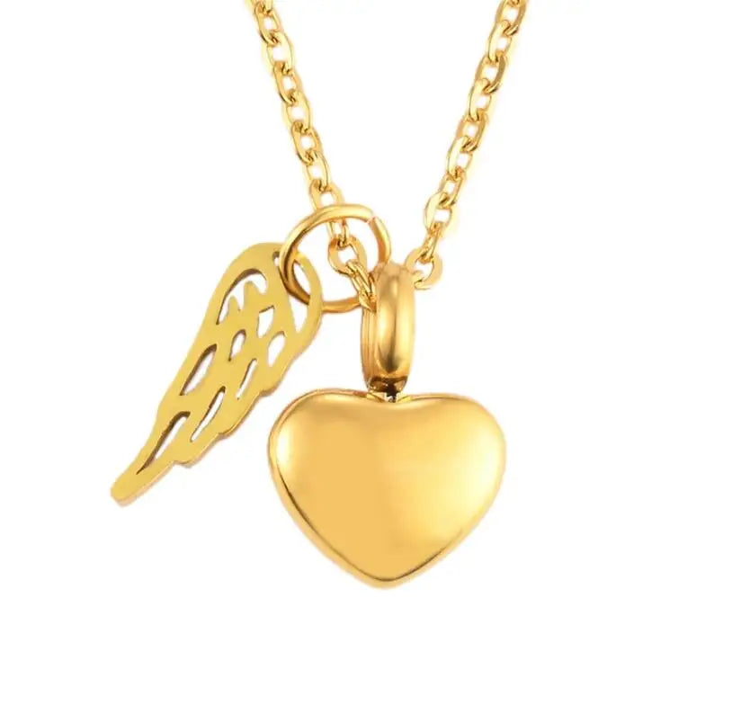 Urnenkette mit Anhänger in Engelsflügel- und Herzform, Gold