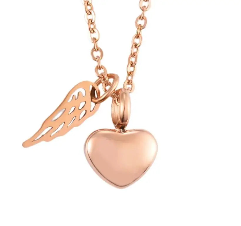 Urnenkette mit Anhänger in Engelsflügel- und Herzform, Roségold