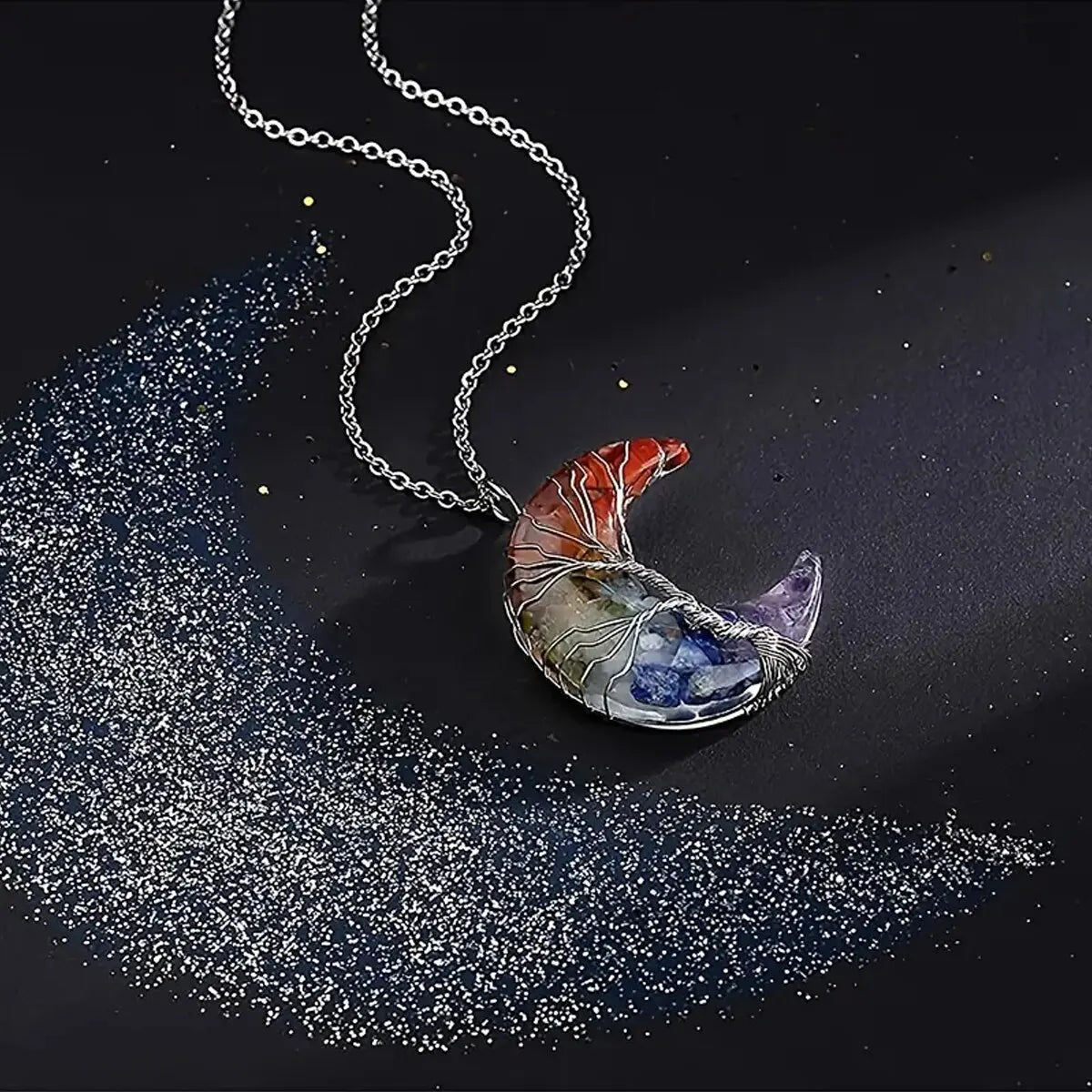 Halskette mit Halbmond-Anhänger 7 Chakren