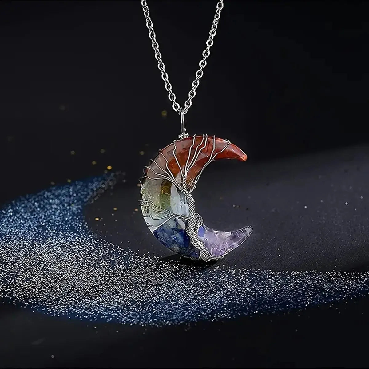 Halskette mit Halbmond-Anhänger 7 Chakren