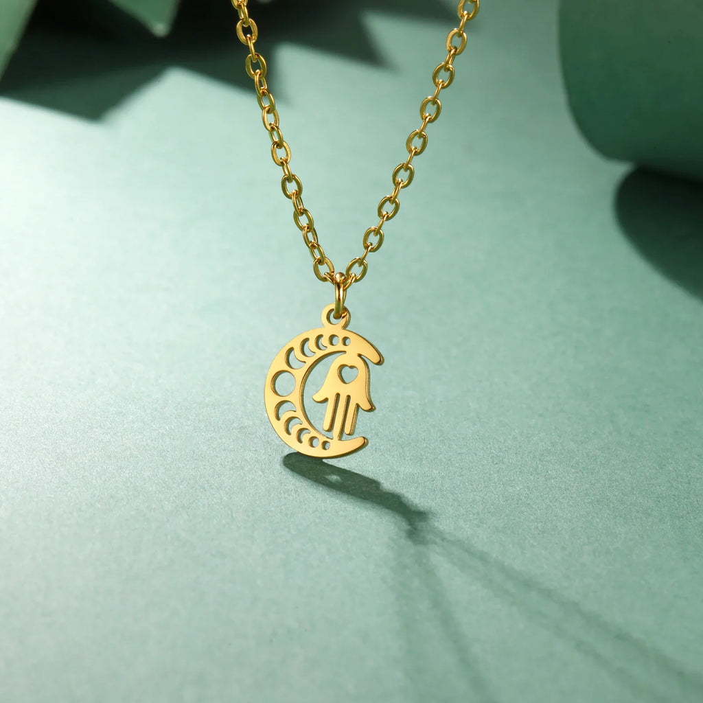 Halskette mit islamischem Anhänger Halbmond und arabischer Fatima-Hand in Gold