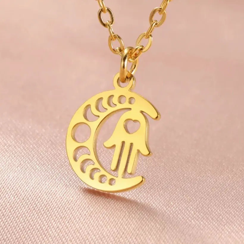 Halskette mit islamischem Anhänger Halbmond und arabischer Fatima-Hand in Gold