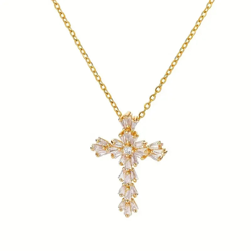 Halskette mit Kreuzanhänger aus Kristallen in Gold
