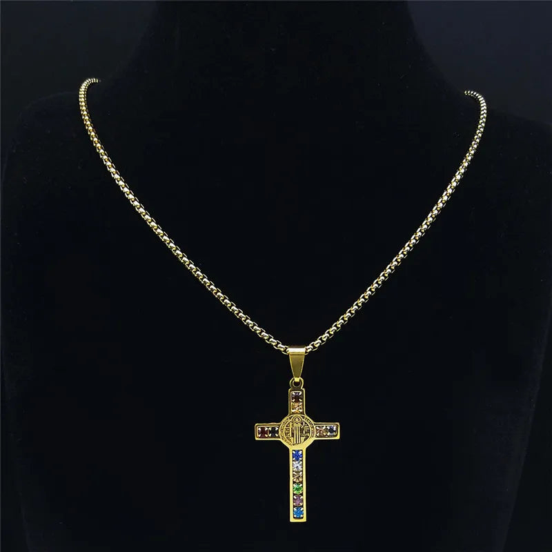 Halskette mit mehrfarbigem Anhänger Kreuz des heiligen Benedikt 