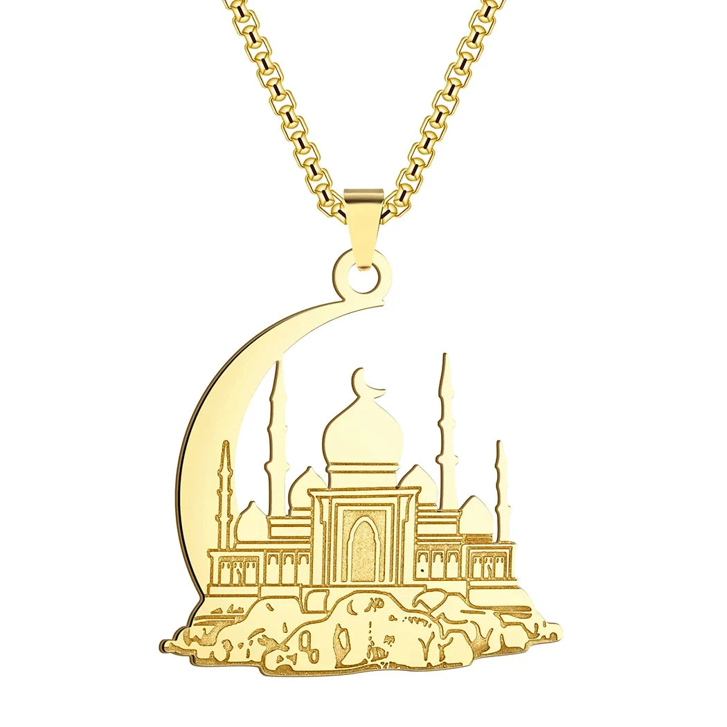 Halskette mit Anhänger einer Moschee auf arabischem islamischem muslimischem Halbmond aus Gold