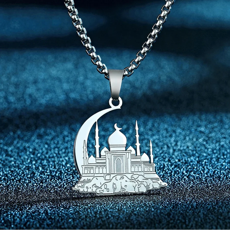 Halskette mit Anhänger einer Moschee auf arabischem islamischem muslimischem Halbmond aus Silber