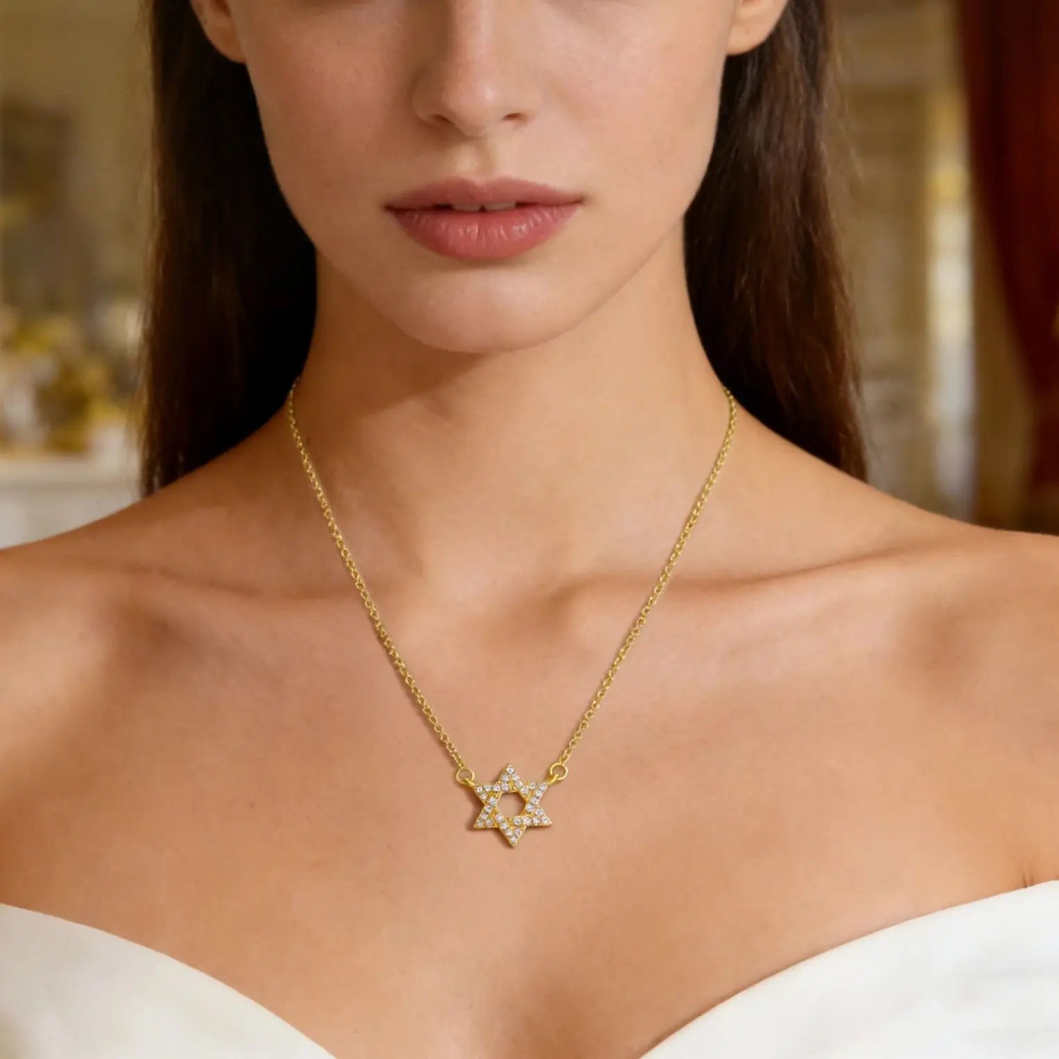 Halskette mit Anhänger des <span data-glossary-id="etoile-de-david">Davidsterns</span> aus Strass, jüdisches Symbol in Gold