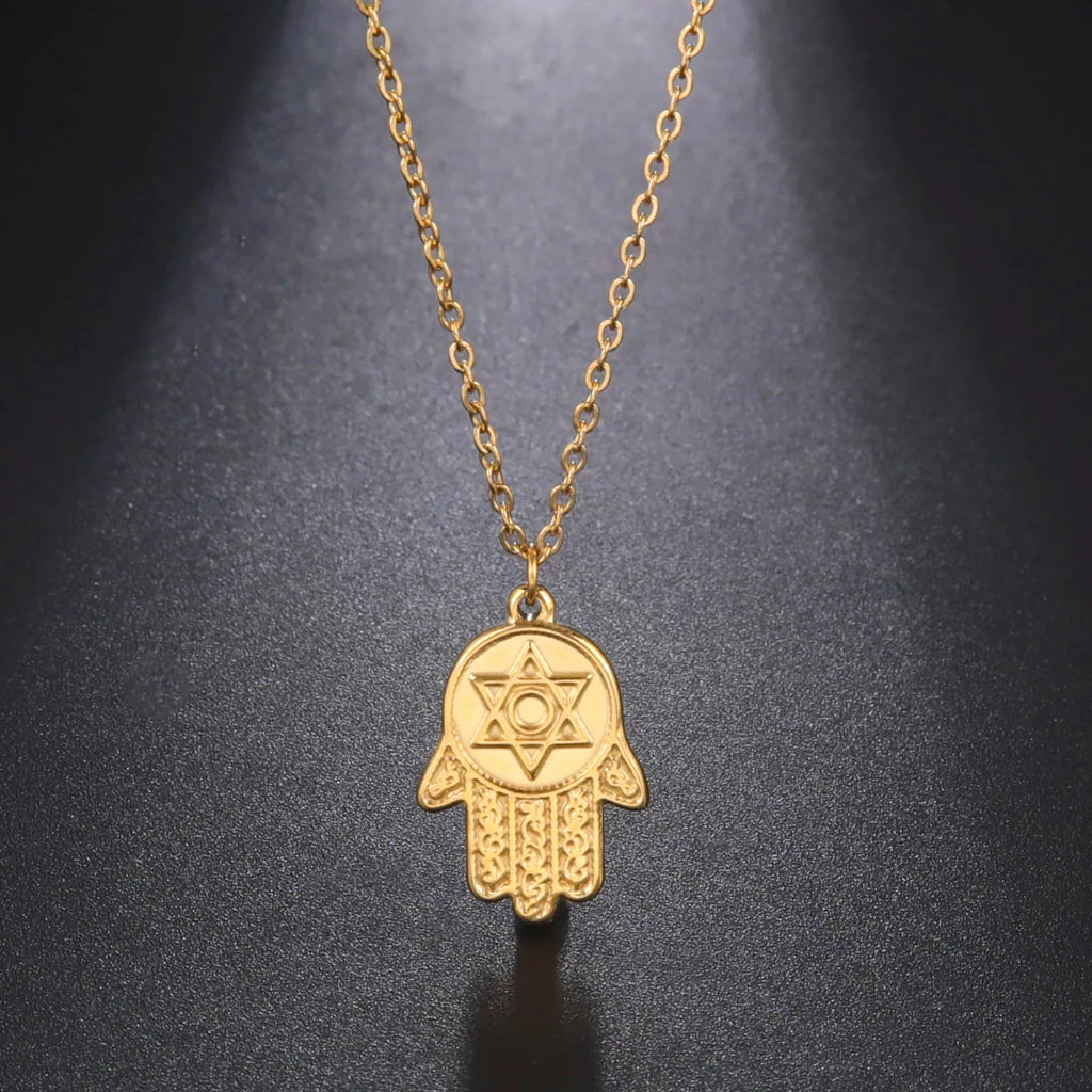 Halskette mit Schutzanhänger <span data-glossary-id="etoile-de-david">Davidstern</span> und <span data-glossary-id="main-de-fatma">Fatma-Hand</span> jüdisch Gold