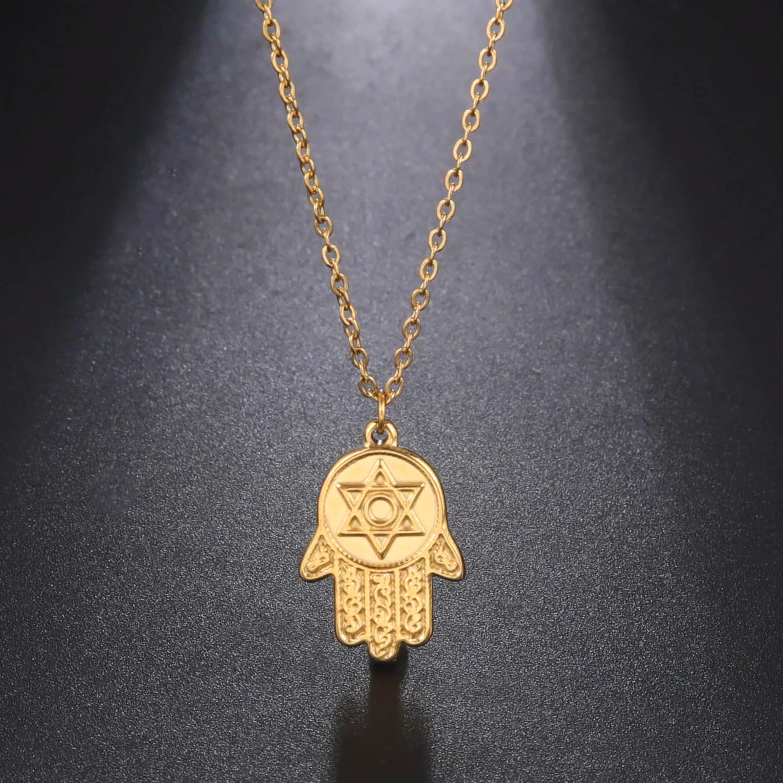 Halskette mit Schutzanhänger <span data-glossary-id="etoile-de-david">Davidstern</span> und <span data-glossary-id="main-de-fatma">Fatma-Hand</span> jüdisch Gold