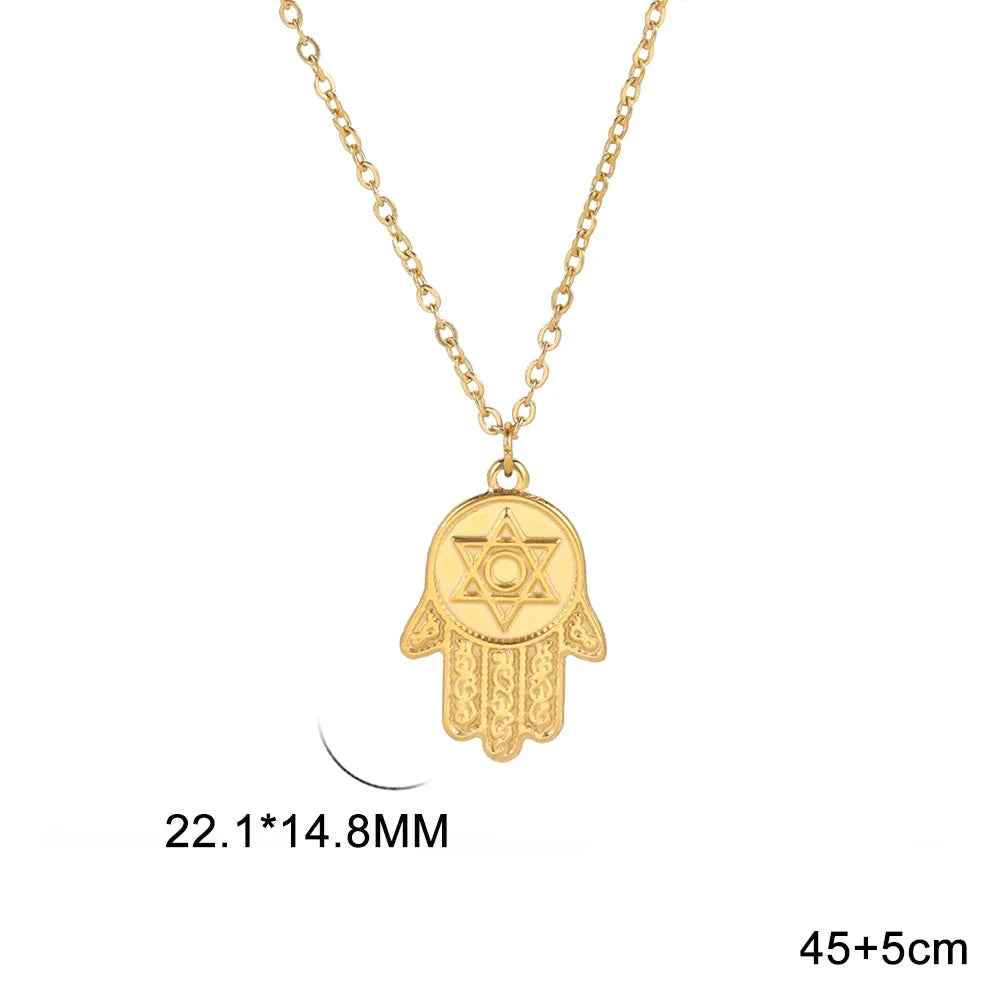 Halskette mit Schutzanhänger <span data-glossary-id="etoile-de-david">Davidstern</span> und <span data-glossary-id="main-de-fatma">Fatma-Hand</span> jüdisch Gold