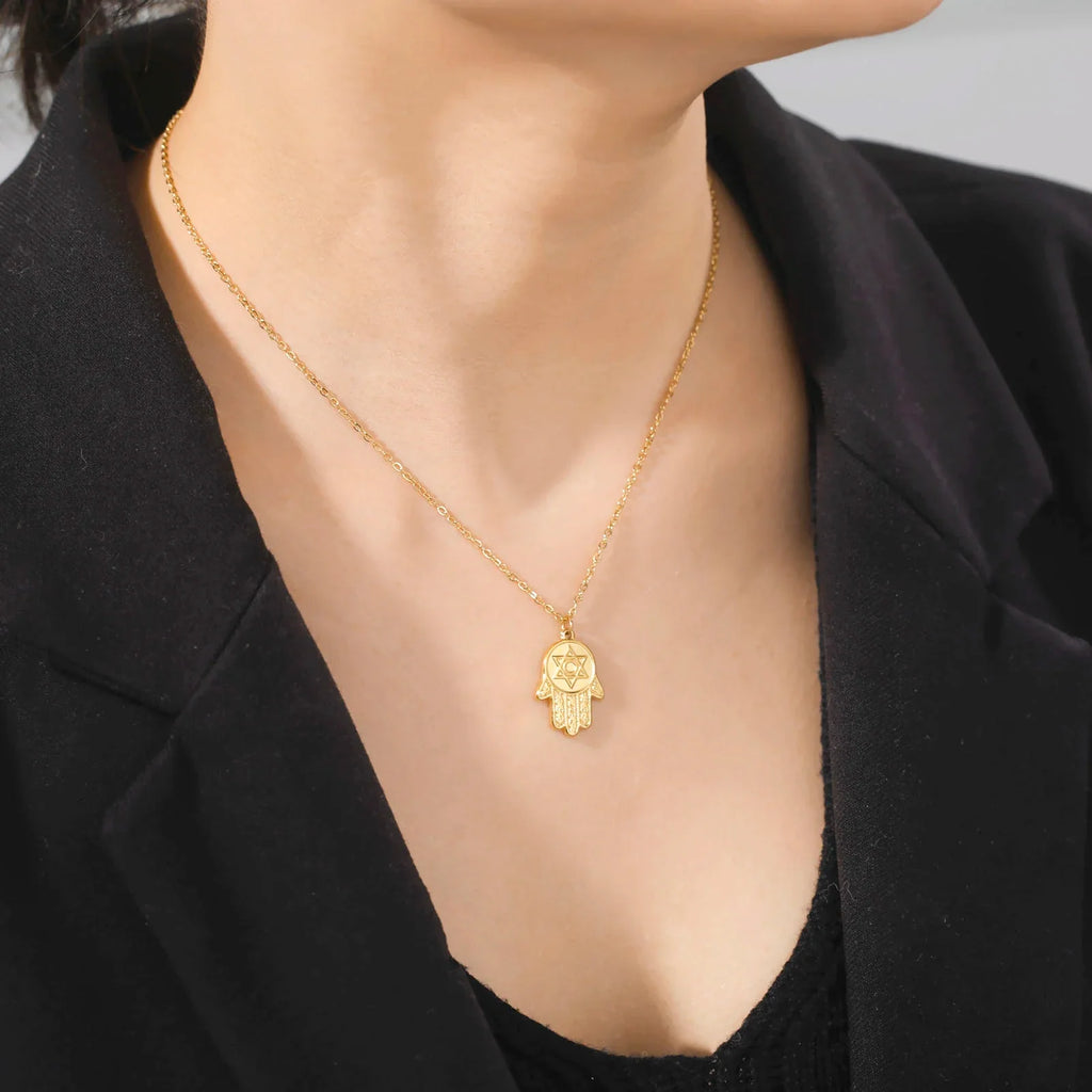 Halskette mit Schutzanhänger <span data-glossary-id="etoile-de-david">Davidstern</span> und <span data-glossary-id="main-de-fatma">Fatma-Hand</span> jüdisch Gold