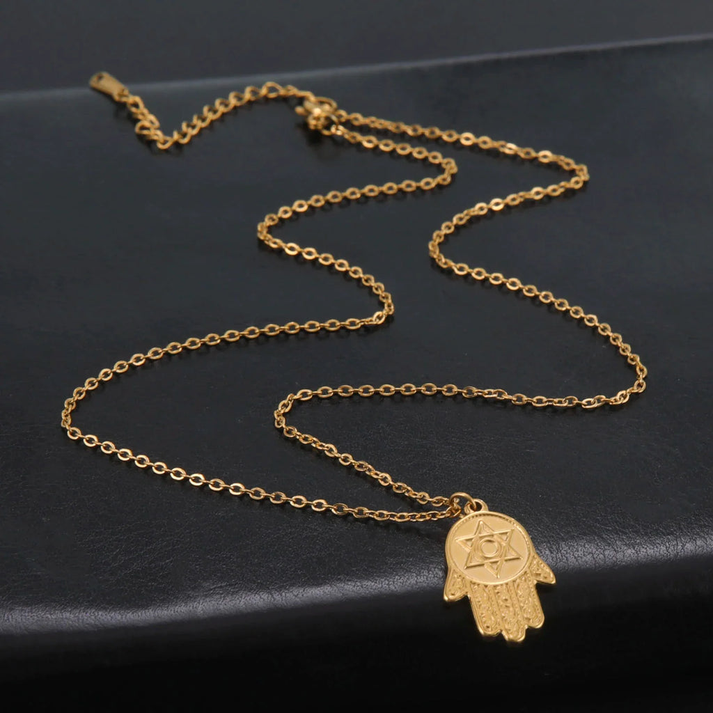 Halskette mit Schutzanhänger <span data-glossary-id="etoile-de-david">Davidstern</span> und <span data-glossary-id="main-de-fatma">Fatma-Hand</span> jüdisch Gold