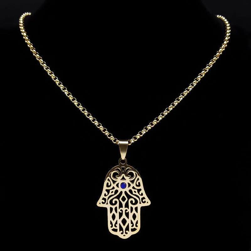 Halskette mit Anhänger zum Schutz vor dem bösen <span data-glossary-id="oeil">Auge</span> und arabischer muslimischer Fatma-Hand in Gold