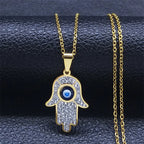 Lange Halskette mit Anhänger zum Schutz vor dem bösen <span data-glossary-id="œil">Auge</span> und arabischer Fatma-Hand in Gold