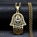 Halskette mit Anhänger zum Schutz vor dem bösen <span data-glossary-id="oeil">Auge</span> und arabischer muslimischer Fatma-Hand in Gold