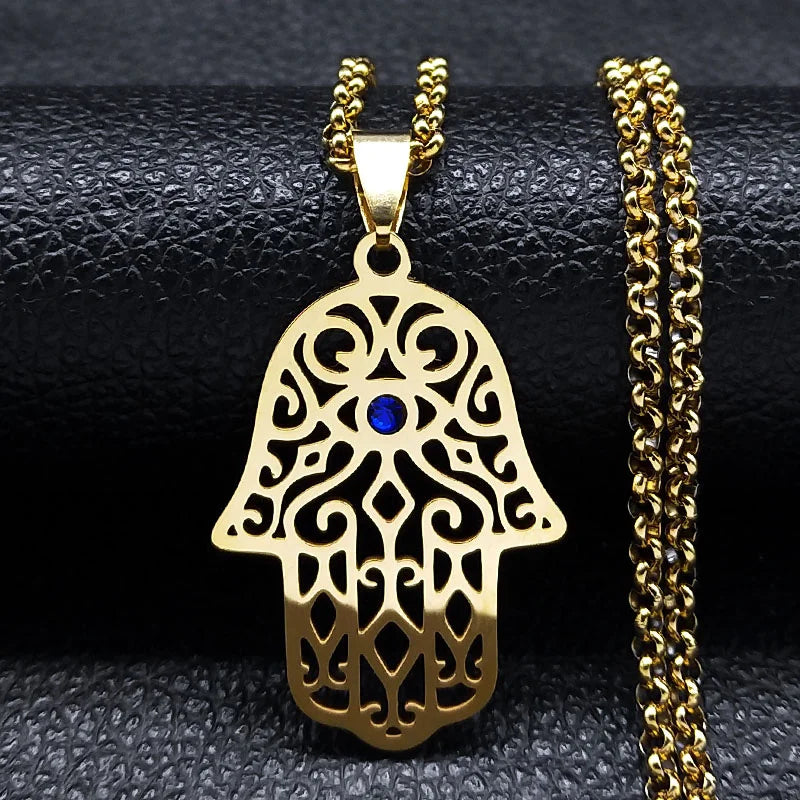 Halskette mit Anhänger zum Schutz vor dem bösen <span data-glossary-id="oeil">Auge</span> und arabischer muslimischer Fatma-Hand in Gold