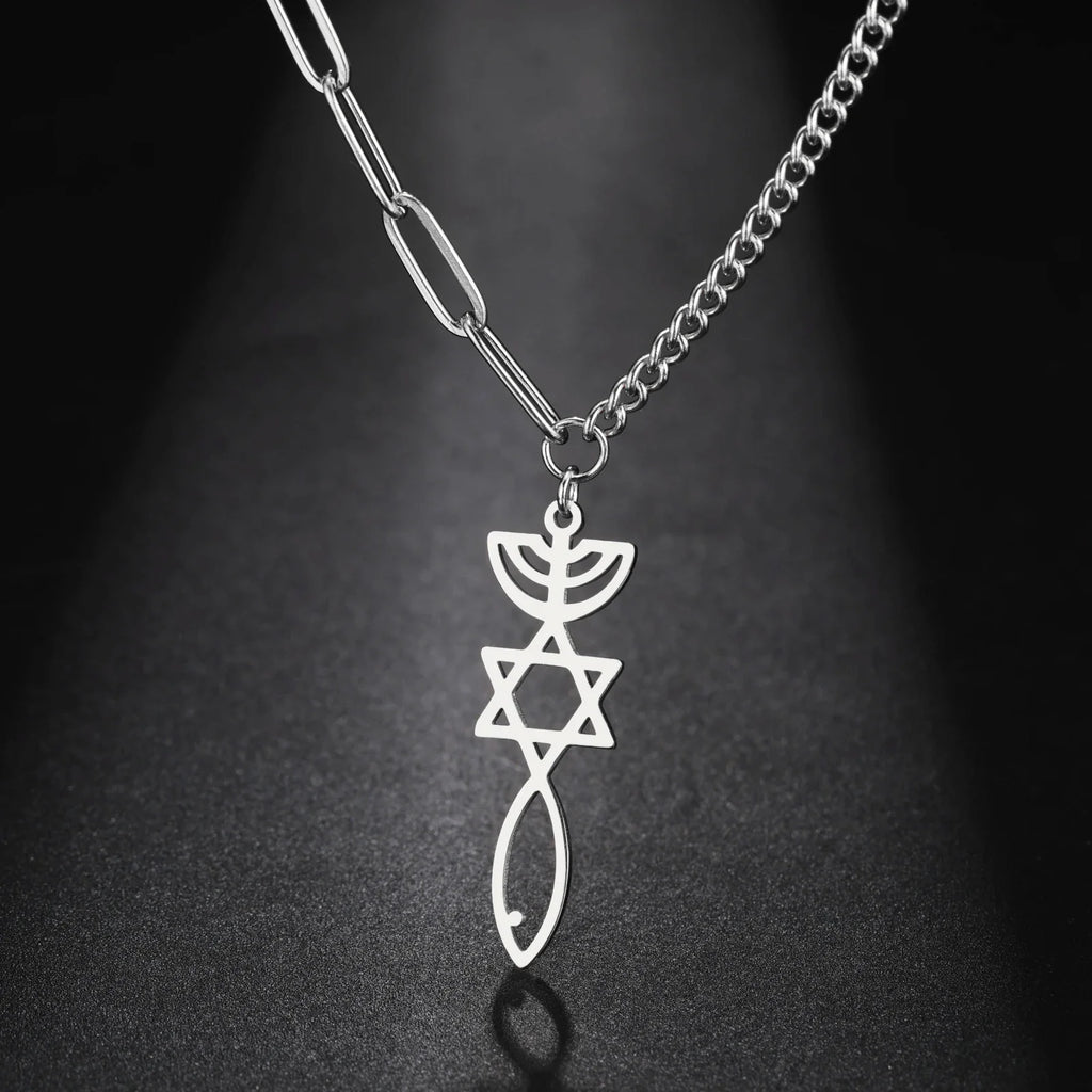 Halskette mit messianischem Menora-Anhänger und Davidstern in Silber