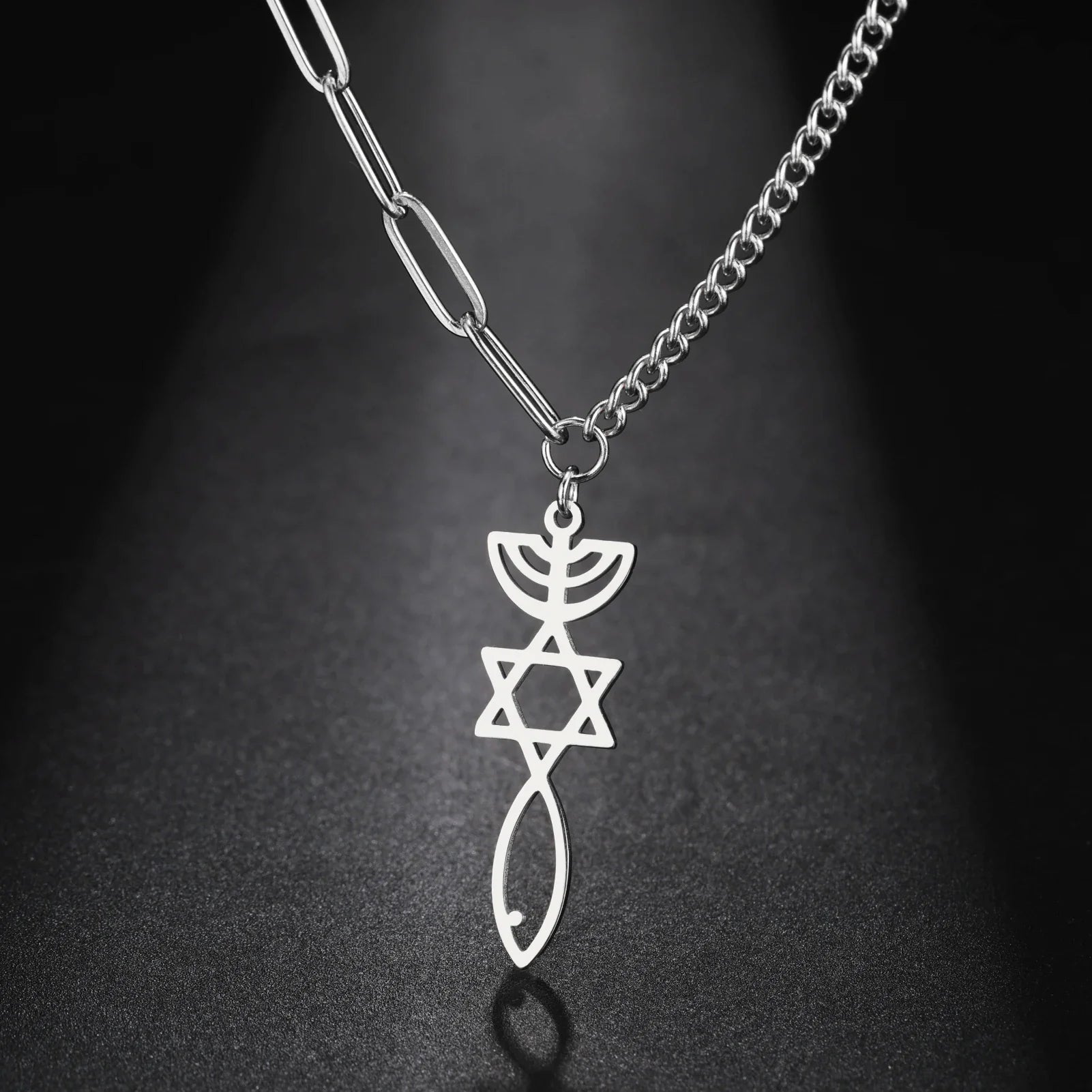 Halskette mit messianischem Menora-Anhänger und Davidstern in Silber