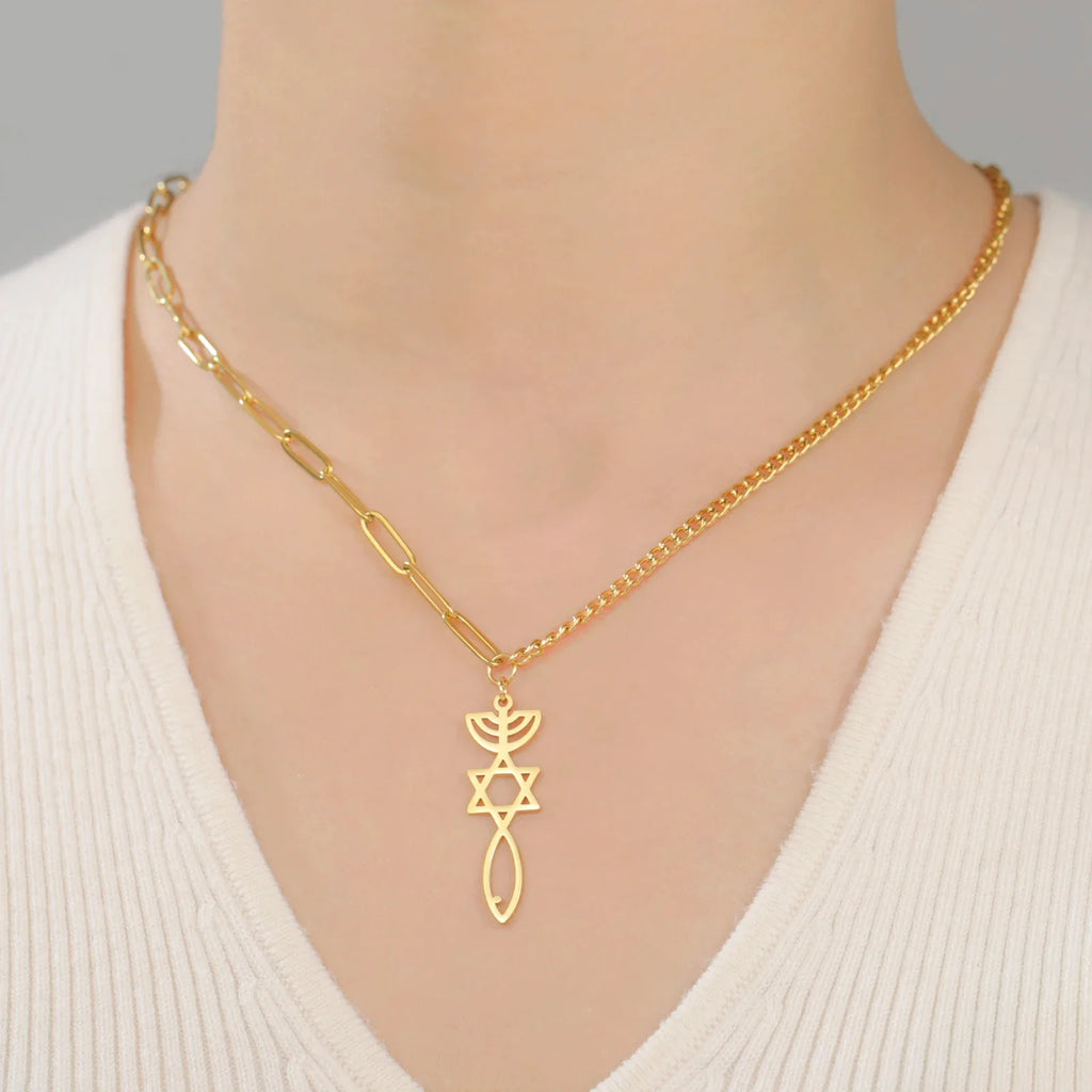 Halskette mit messianischem Menora-Anhänger und Davidstern in Gold