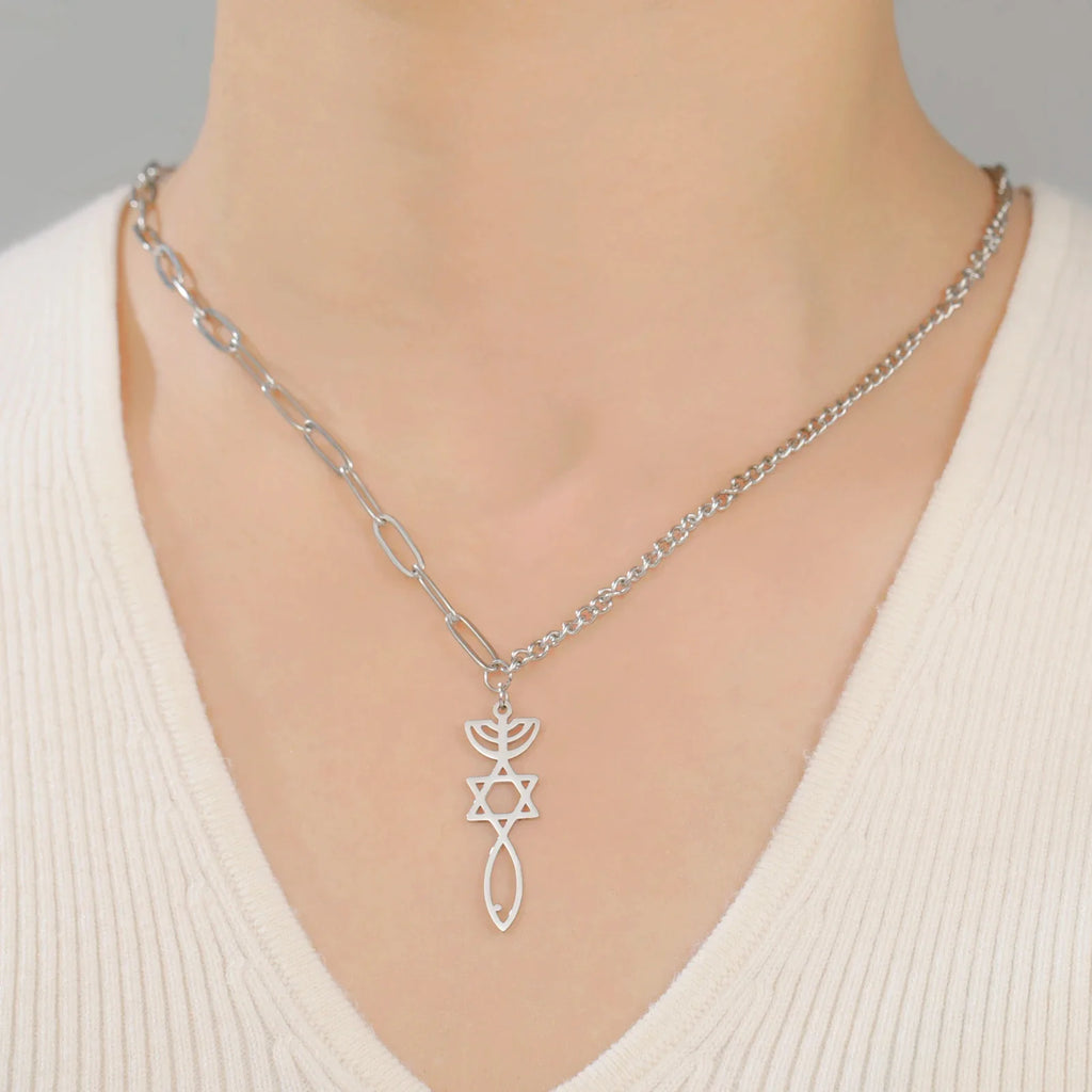 Halskette mit messianischem Menora-Anhänger und Davidstern in Silber