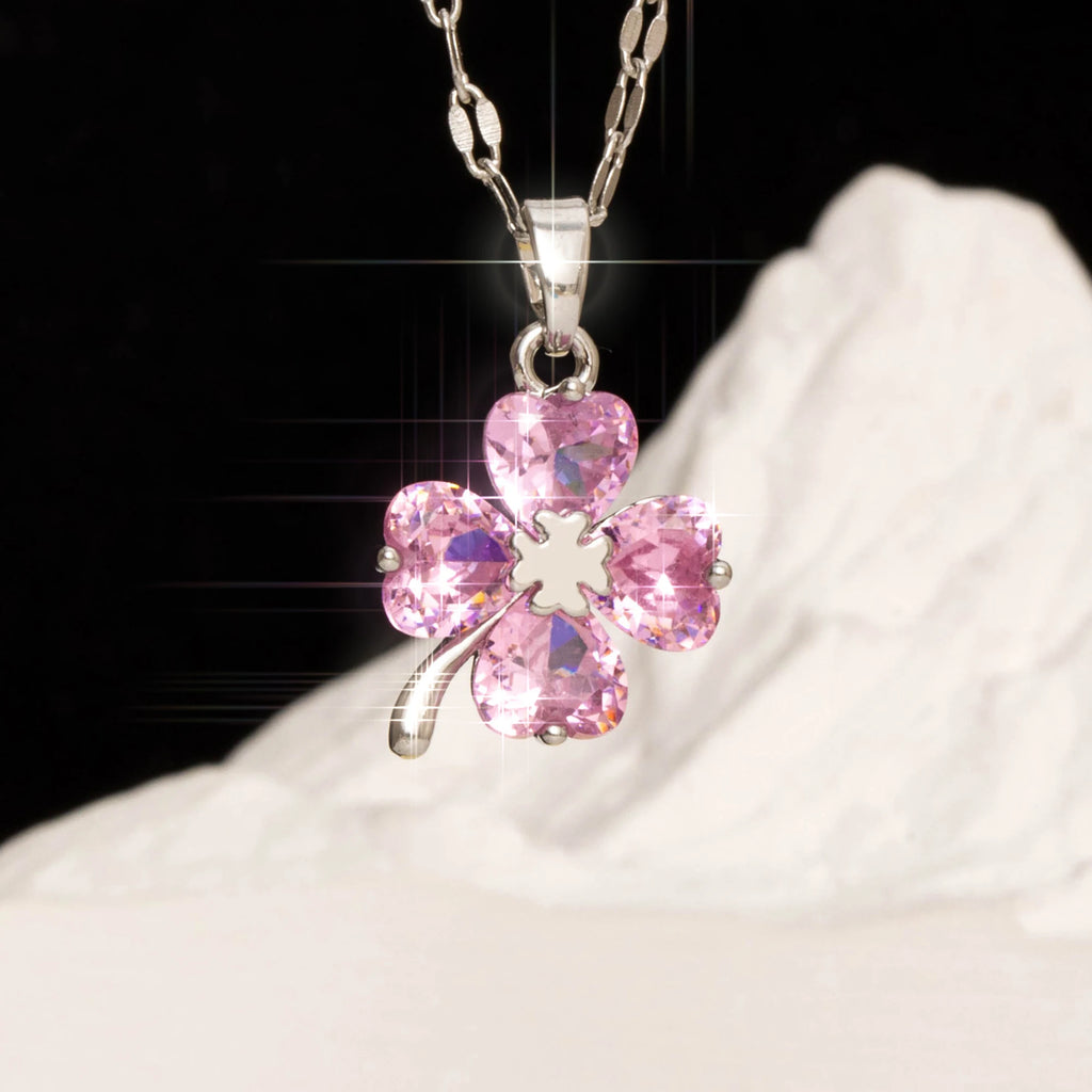 Halskette mit Anhänger Kleeblatt mit 4 Blättern in Silber und Rosa