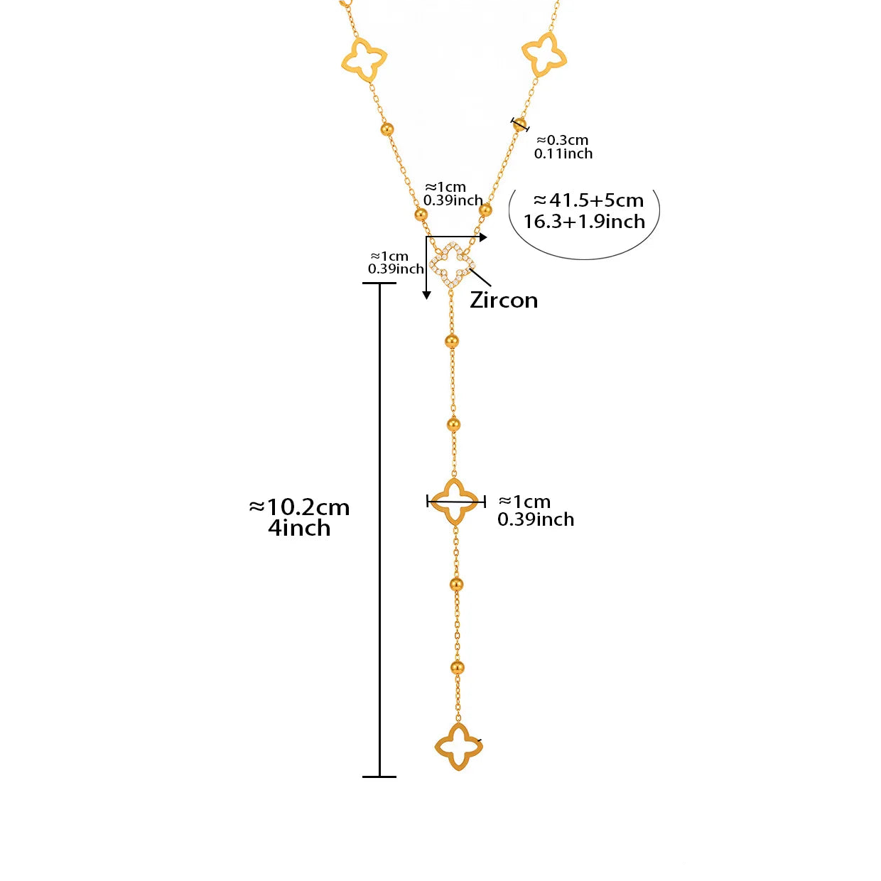 Lange Halskette mit vierblättrigem Kleeblatt-Anhänger und Zirkon 