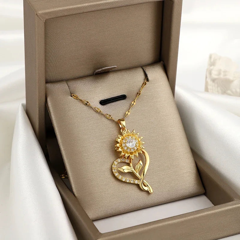 Halskette Anhänger mit Herz und drehender Sonnenblumenblüte Anti-Stress