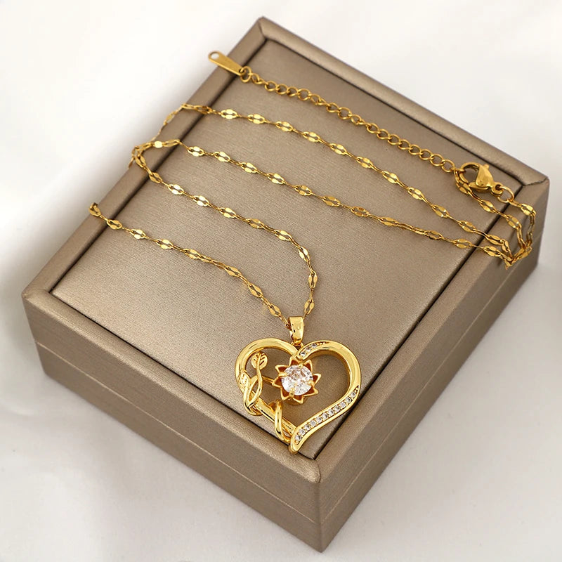 Halskette mit Anhänger, drehendes Herz und Blume, Anti-Stress