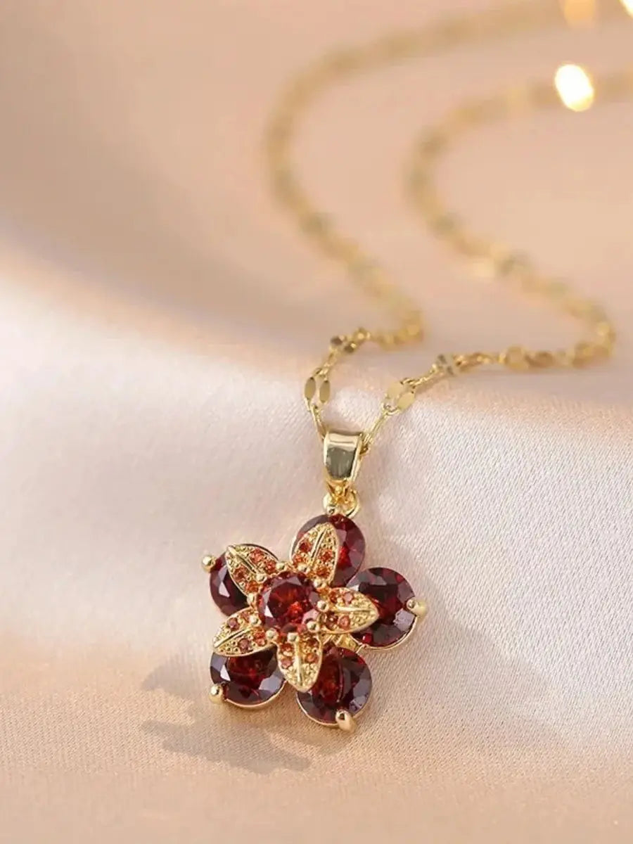 Halskette Anhänger Bunte Blume mit rotem Zirkon