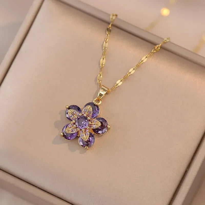 Halskette Anhänger Bunte Blume mit violettem Zirkon