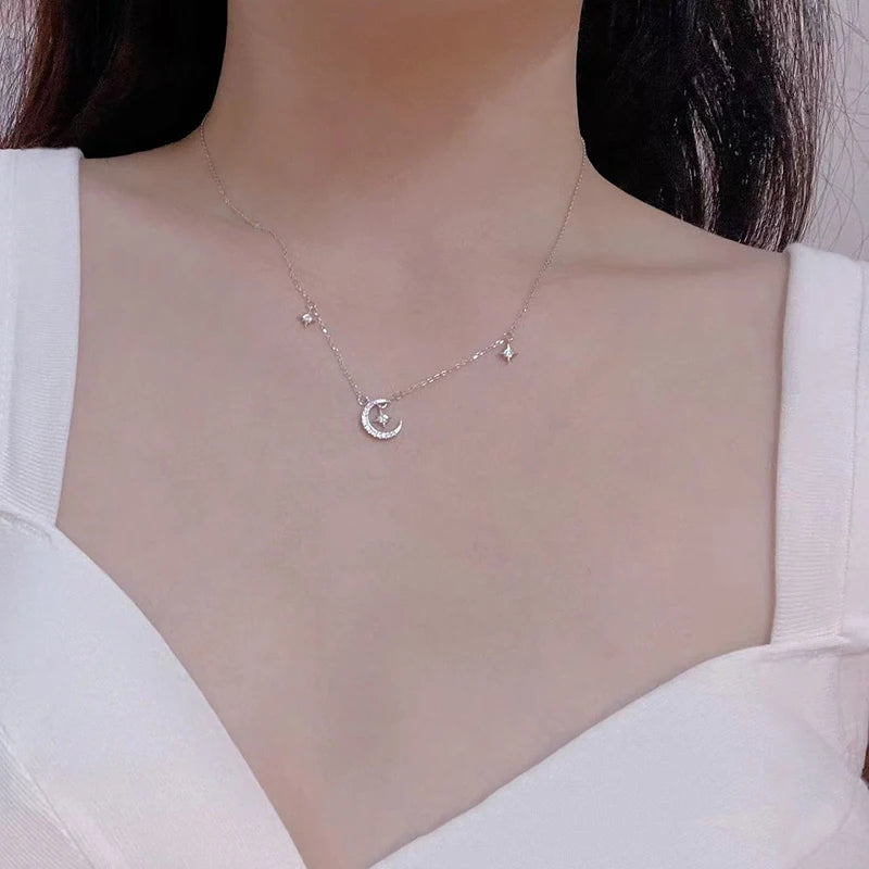 Mond- und Sternanhänger-Halskette mit Zirkonia für Damen