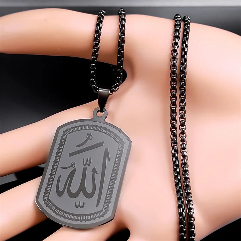 Halskette für Herren oder Damen mit sechseckigem Anhänger Allah arabisch muslimisch islamisch Schwarz 60 cm