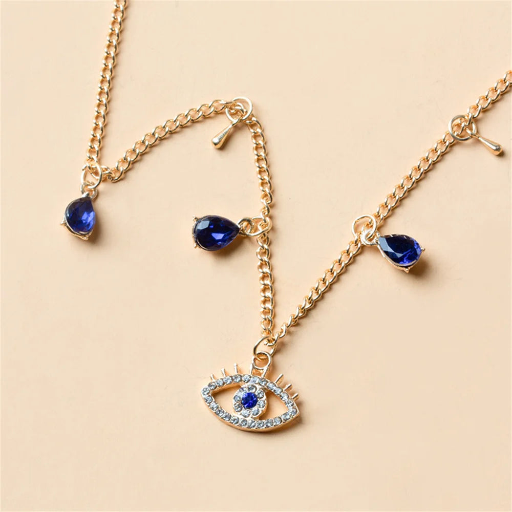 Halskette Choker mit Anhänger Böses Auge Blau Türkischer Strass und Perlen Gold