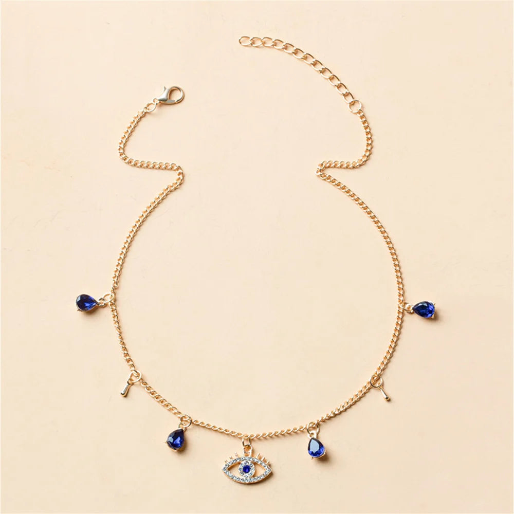 Halskette Choker mit Anhänger Böses Auge Blau Türkischer Strass und Perlen Gold