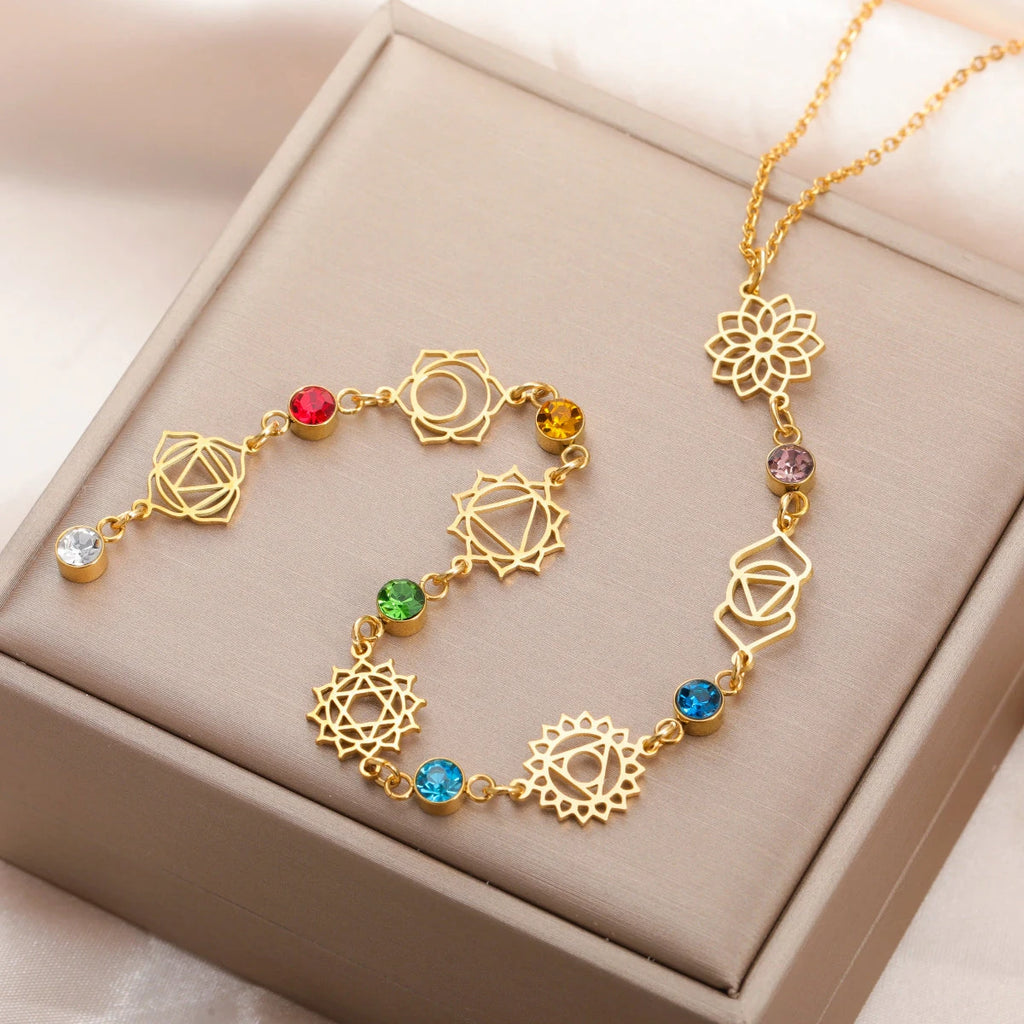 Halskette mit Anhänger und Zirkonsteinen 7 Chakren gold